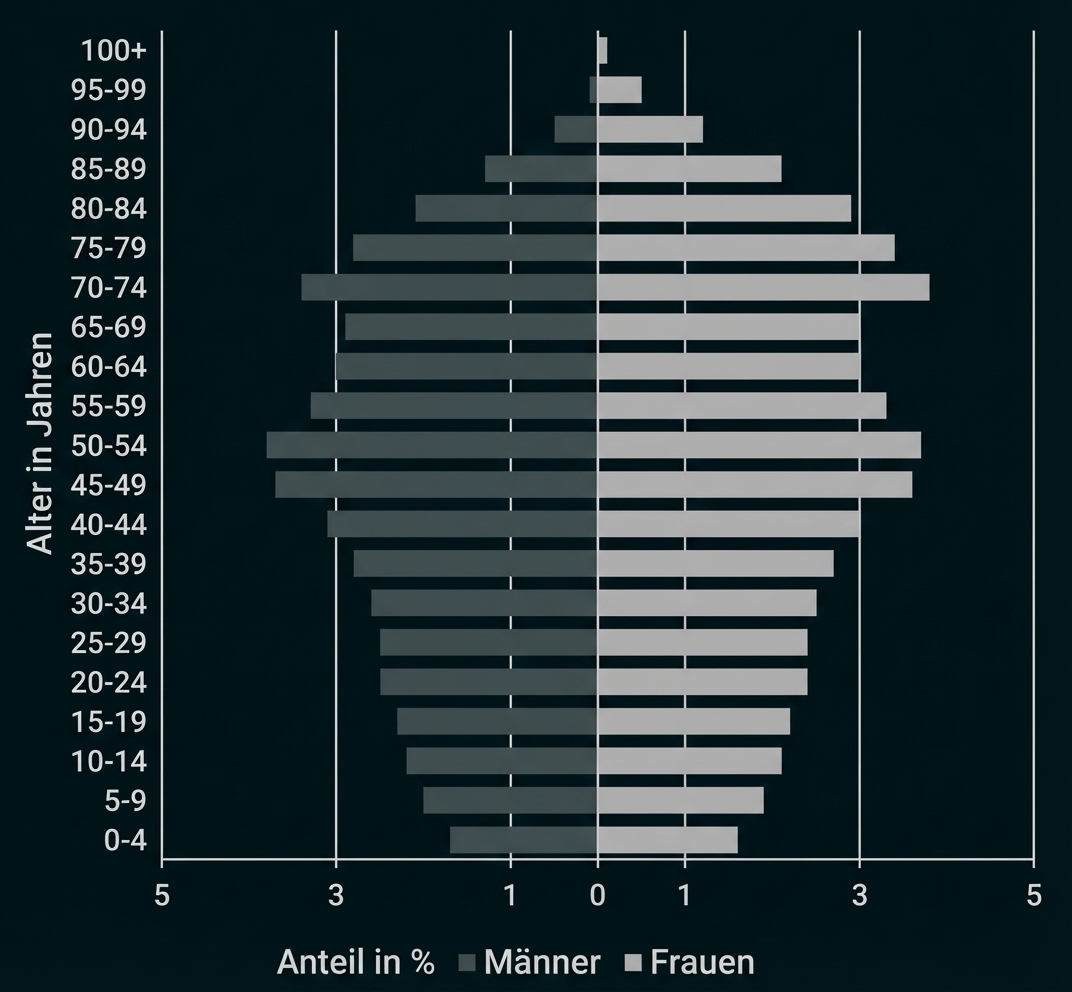 Bevölkerungspyramide mit Prozentanteilen nach Altersgruppen; Männer links (schwarz), Frauen rechts (grau).